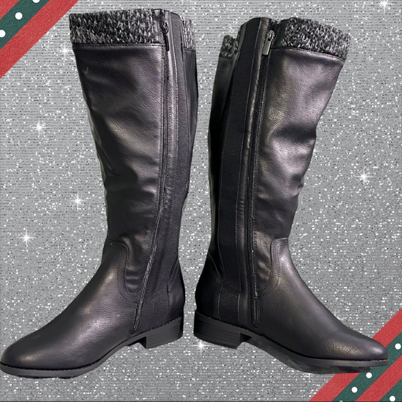 Torrid Black Faux Leather Sweater Criss-Cross Knee Boots Wide calf New in Box - Picture 4 of 13